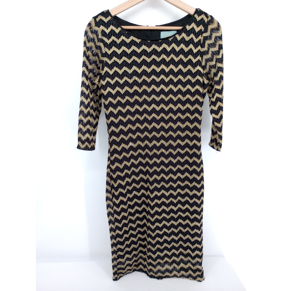 Skies Are Blue Sheath Dress Womens Medium Black Gold Metallic Chevron 3/4 Sleeve